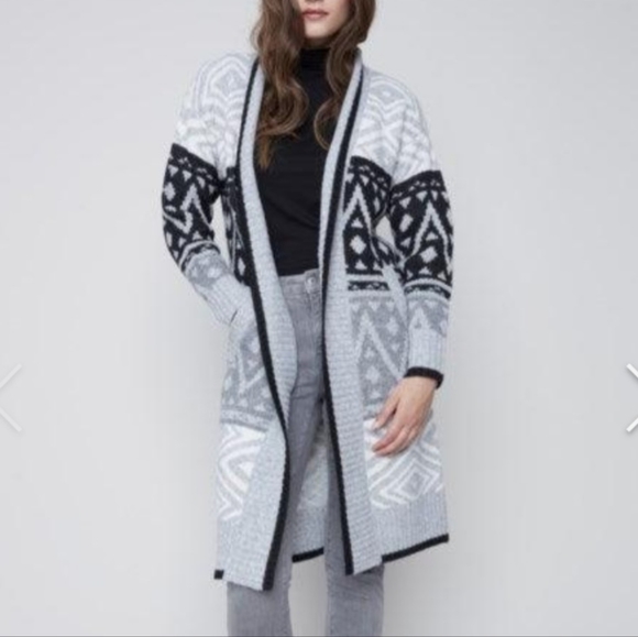 NWT Long Printed Knitted Aztec Geometric pattern Cardigan Black Gray - Picture 2 of 11